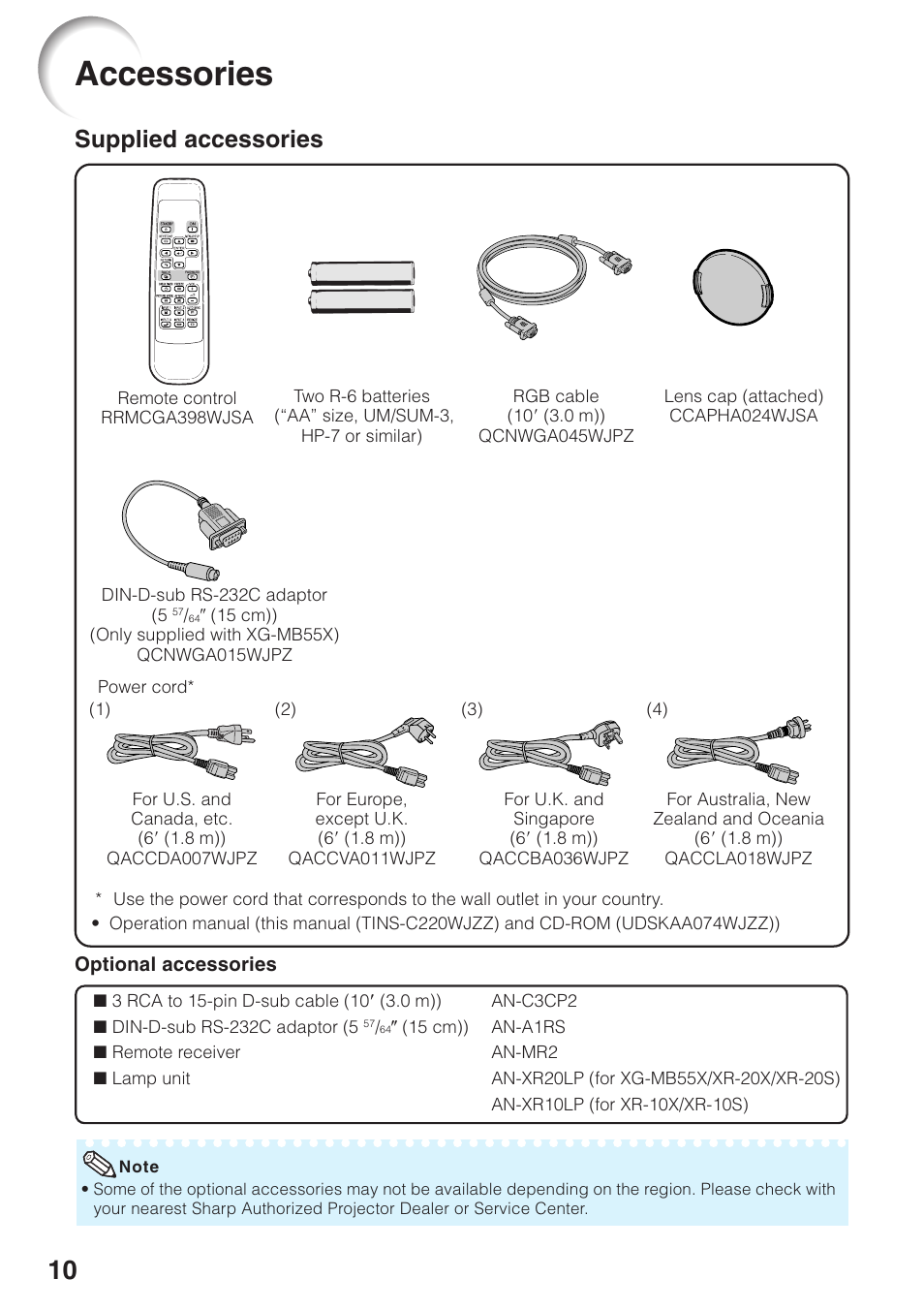 Accessories, Supplied accessories | Sharp XG-MB55X User Manual | Page 14 / 68