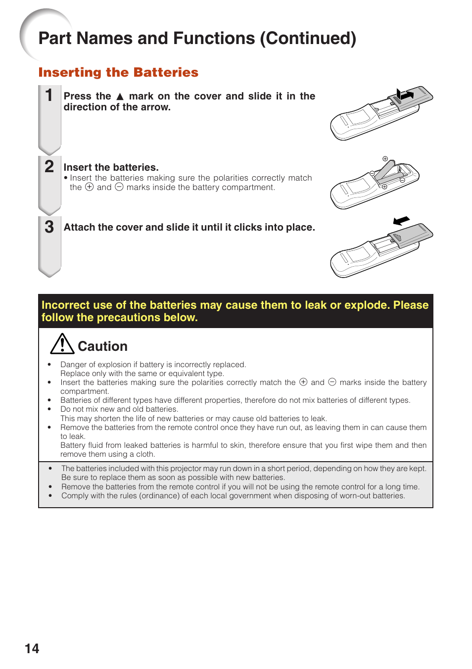 Inserting the batteries, Part names and functions (continued), Caution | Sharp XG-MB55X User Manual | Page 18 / 68