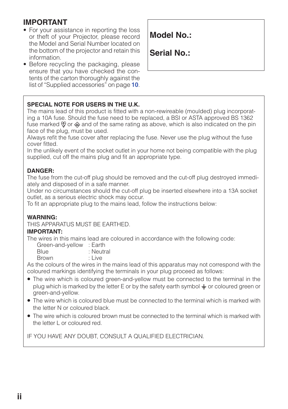 Model no.: serial no | Sharp XG-MB55X User Manual | Page 2 / 68