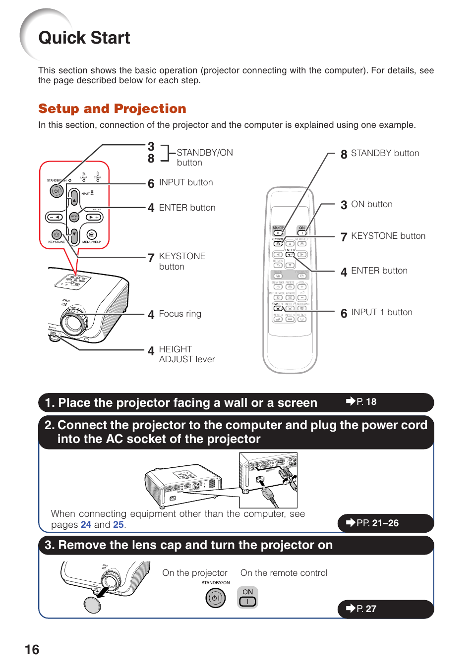 Quick start, Quic, K star | Setup and projection | Sharp XG-MB55X User Manual | Page 20 / 68