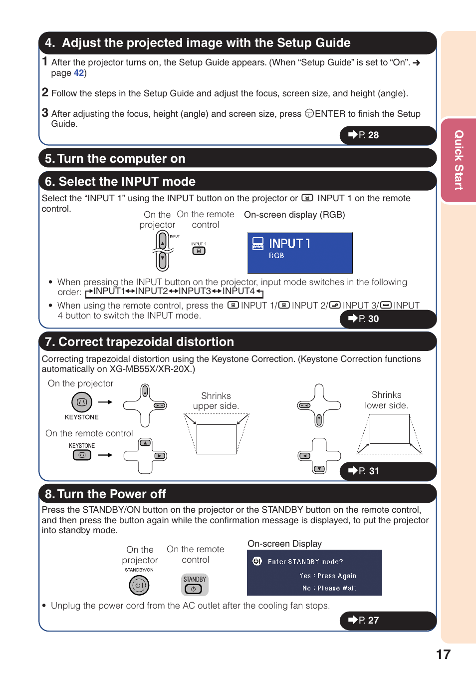 Adjust the projected image with the setup guide, Select the input mode, Correct trapezoidal distortion | Turn the computer on 8. turn the power off | Sharp XG-MB55X User Manual | Page 21 / 68