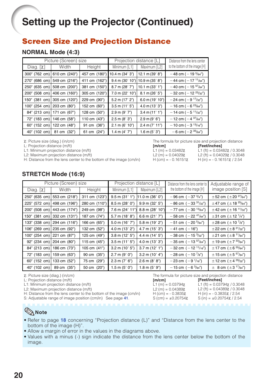 Screen size and projection distance, For additional infor, Setting up the projector (continued) | Normal mode (4:3), Stretch mode (16:9) | Sharp XG-MB55X User Manual | Page 24 / 68