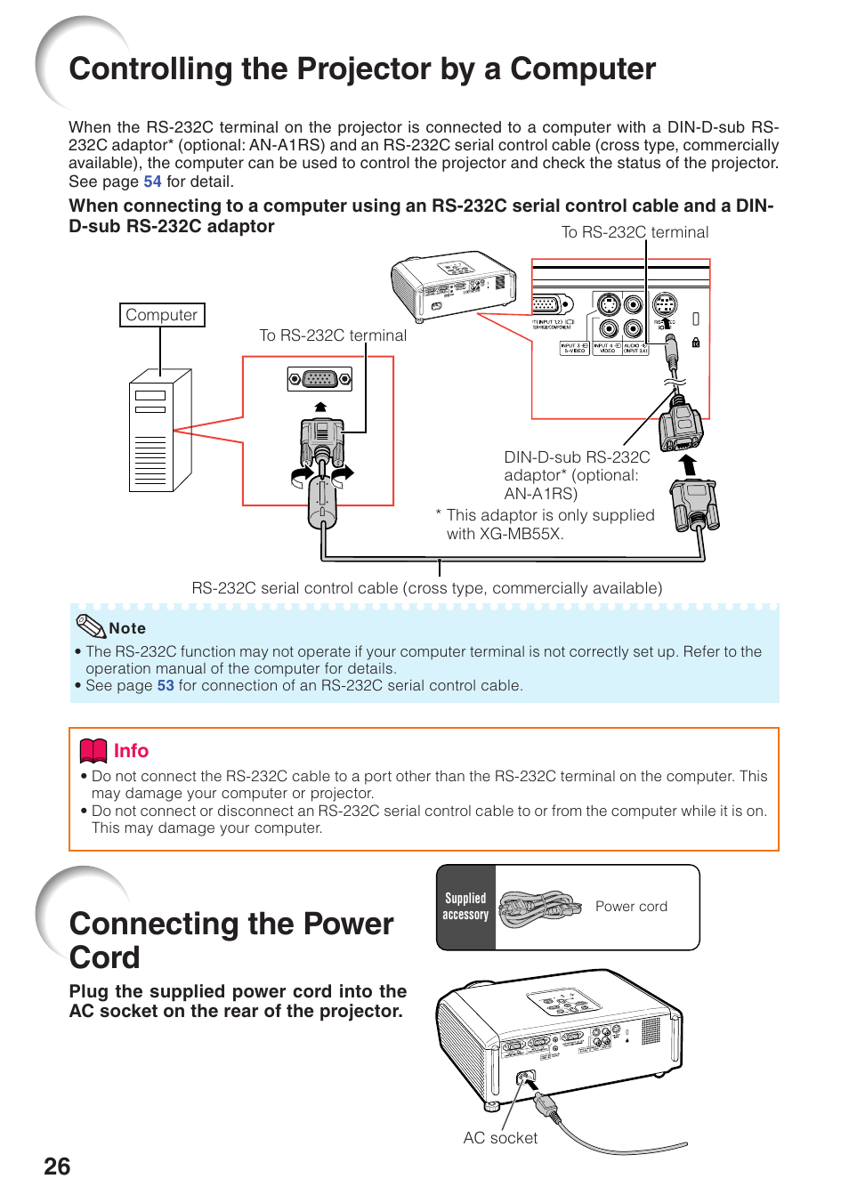 Controlling the projector by a computer, Connecting the power cord, Controlling the projector by | A computer | Sharp XG-MB55X User Manual | Page 30 / 68