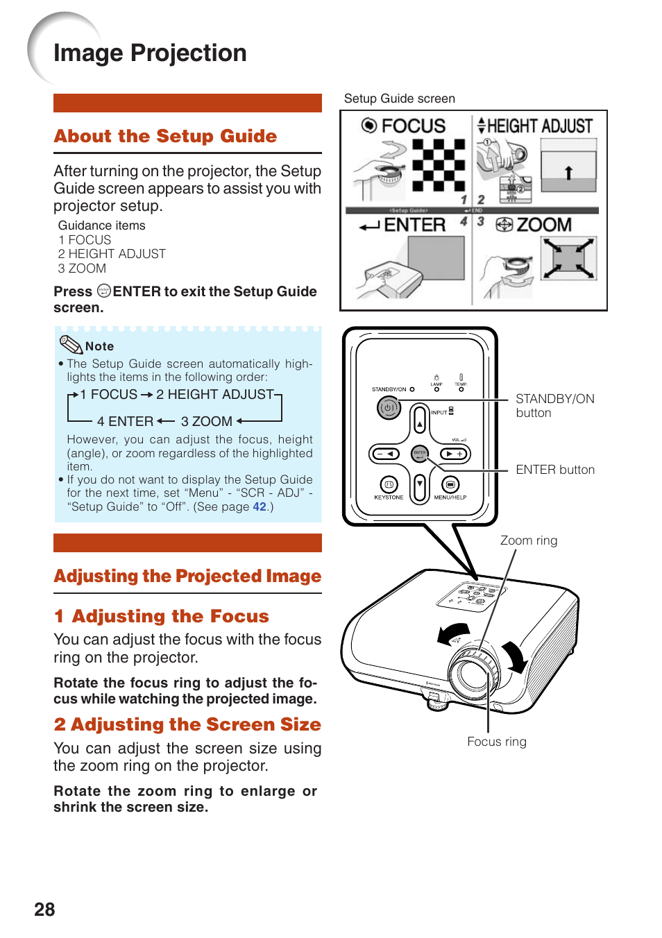 Image projection, About the setup guide, Adjusting the projected image | P. 28, 1 adjusting the focus | Sharp XG-MB55X User Manual | Page 32 / 68