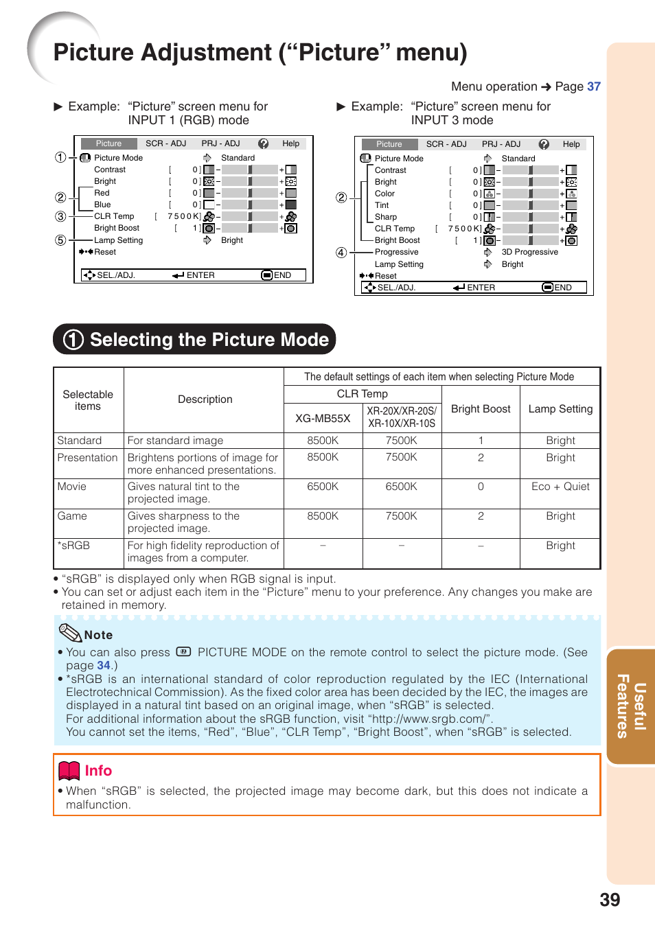 Picture adjustment (“picture" menu), Selecting the picture mode, Picture adjustment (“picture” menu) | 11 selecting the picture mode, Useful features, Info | Sharp XG-MB55X User Manual | Page 43 / 68