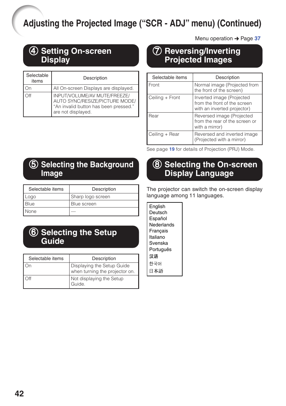 Setting on-screen display, Selecting the background image, Selecting the setup guide | Reversing/inverting projected images, Selecting the on-screen display language, Images, Selecting the on-screen display, Language, 77 reversing/inverting projected images, 44 setting on-screen display | Sharp XG-MB55X User Manual | Page 46 / 68