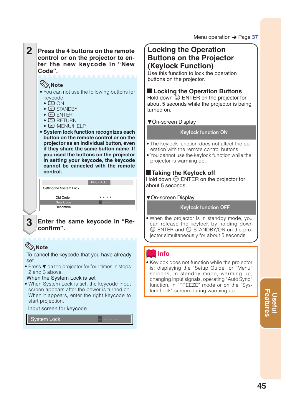 Locking the operation buttons on the, Projector (keylock function), Useful features | Sharp XG-MB55X User Manual | Page 49 / 68