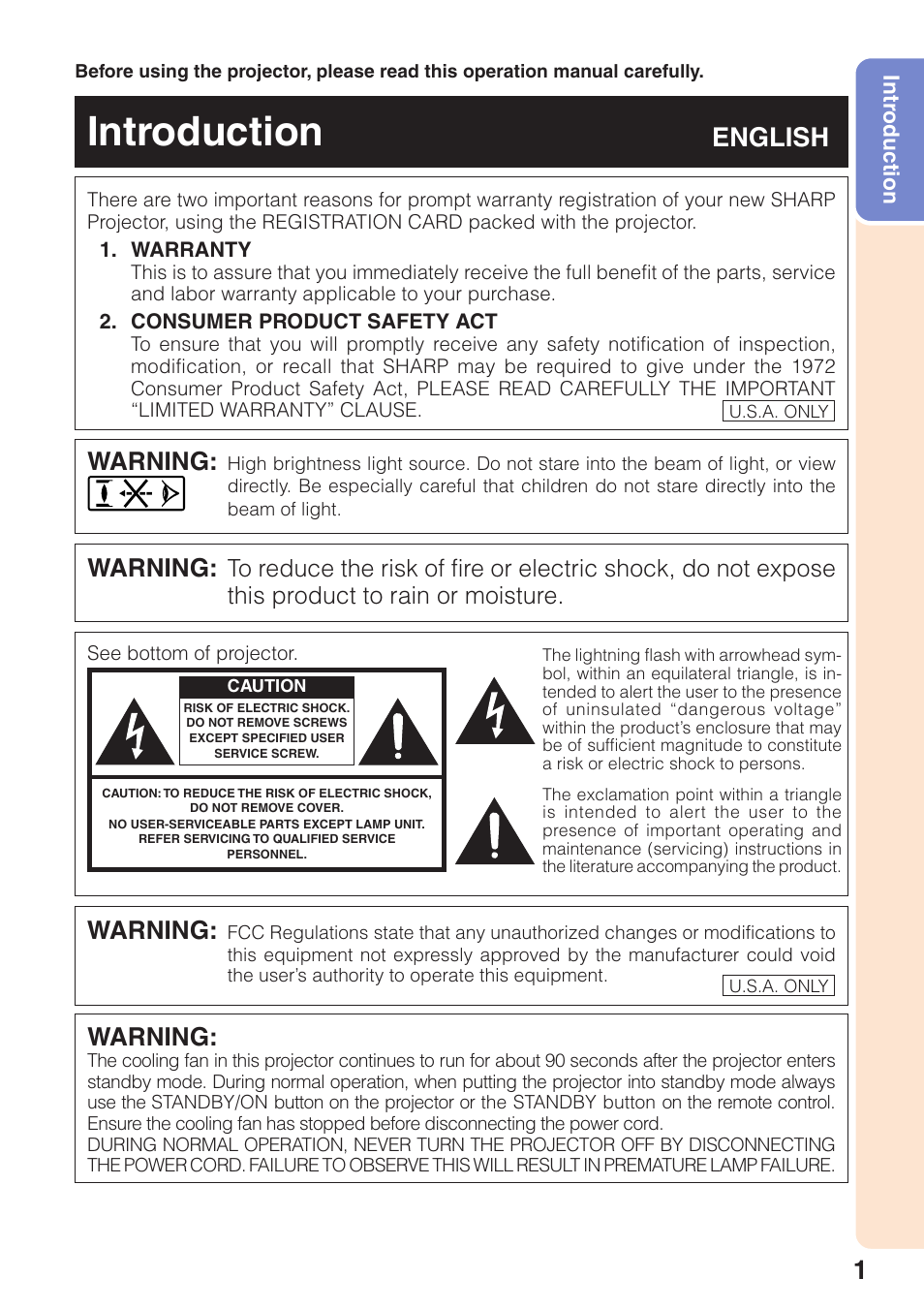 Introduction, Intr, Oduction | English, Warning | Sharp XG-MB55X User Manual | Page 5 / 68