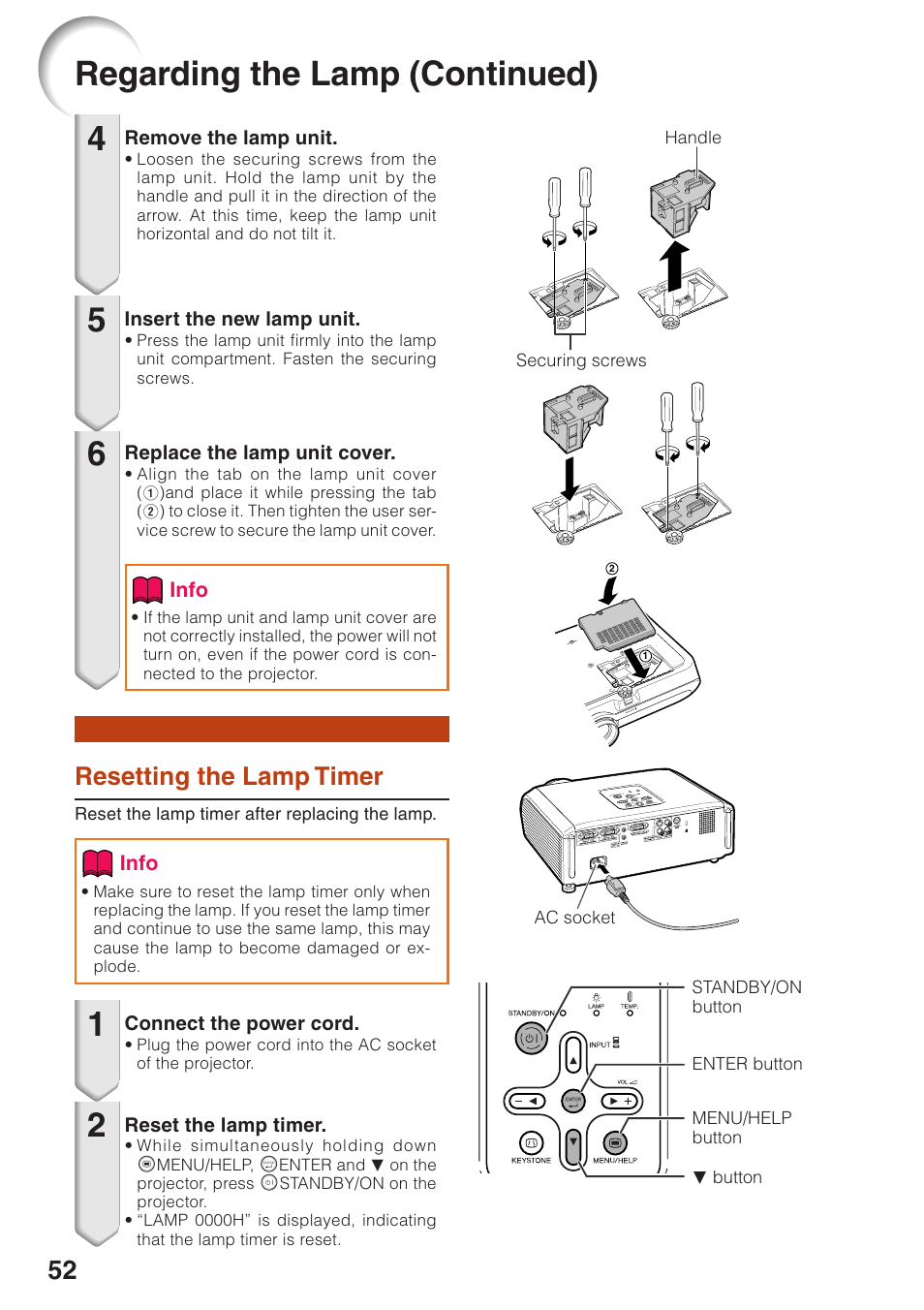 Resetting the lamp timer, Regarding the lamp (continued) | Sharp XG-MB55X User Manual | Page 56 / 68