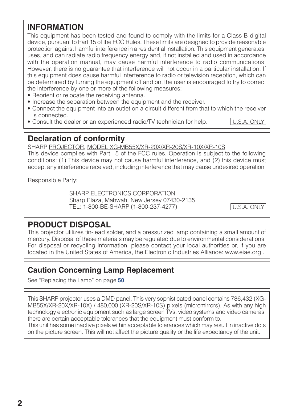 Product disposal, Information, Declaration of conformity | Sharp XG-MB55X User Manual | Page 6 / 68