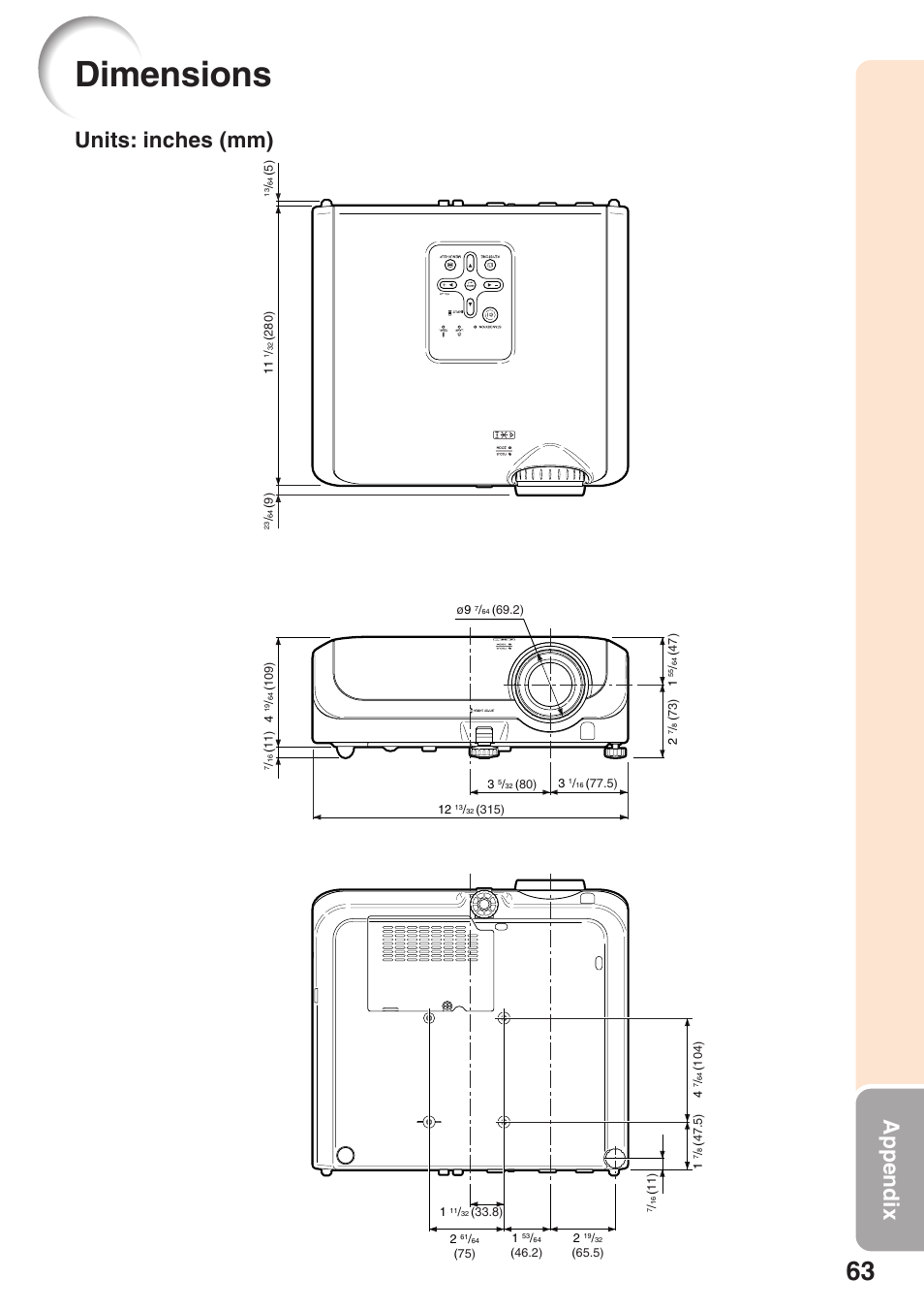 Dimensions, Appendix, Units: inches (mm) | Sharp XG-MB55X User Manual | Page 67 / 68