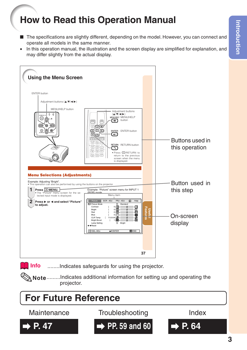 How to read this operation manual, For future reference, Index maintenance troubleshooting | Intr oduction, Info, Indicates safeguards for using the projector, Using the menu screen | Sharp XG-MB55X User Manual | Page 7 / 68