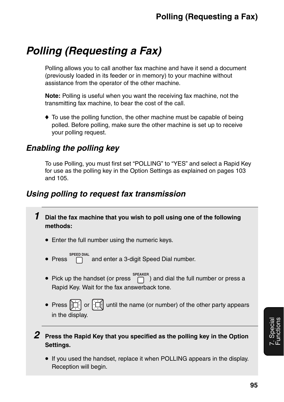 Polling (requesting a fax), Enabling the polling key, Using polling to request fax transmission | Sharp FO-IS115N User Manual | Page 100 / 165