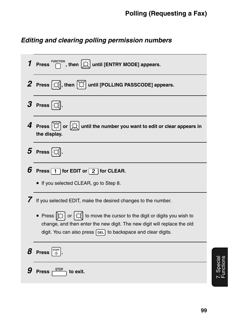 Polling (requesting a fax), Editing and clearing polling permission numbers | Sharp FO-IS115N User Manual | Page 104 / 165