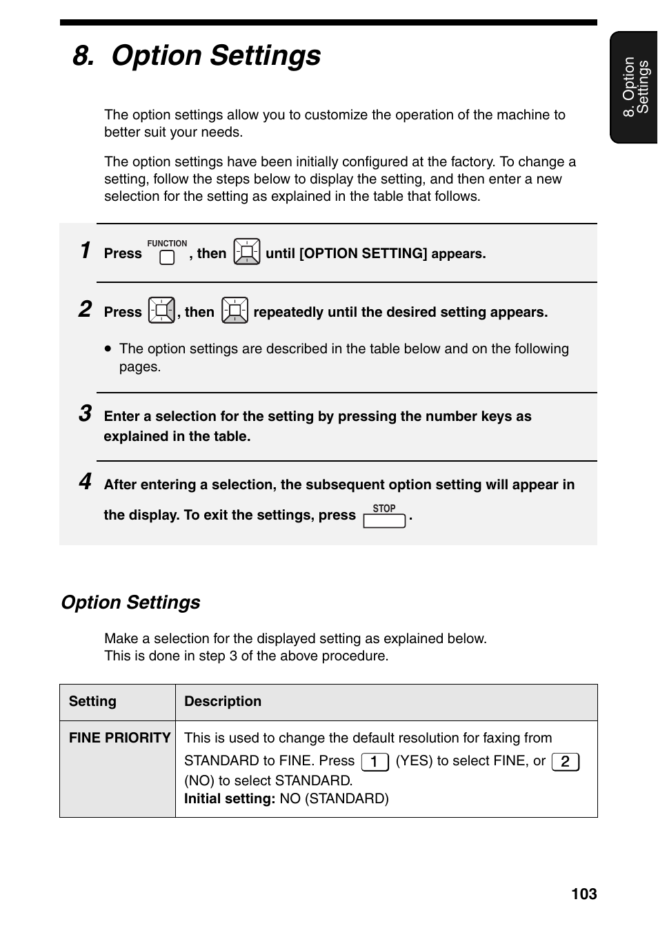 Option settings, 103 an, 103 and 10 | Sharp FO-IS115N User Manual | Page 108 / 165