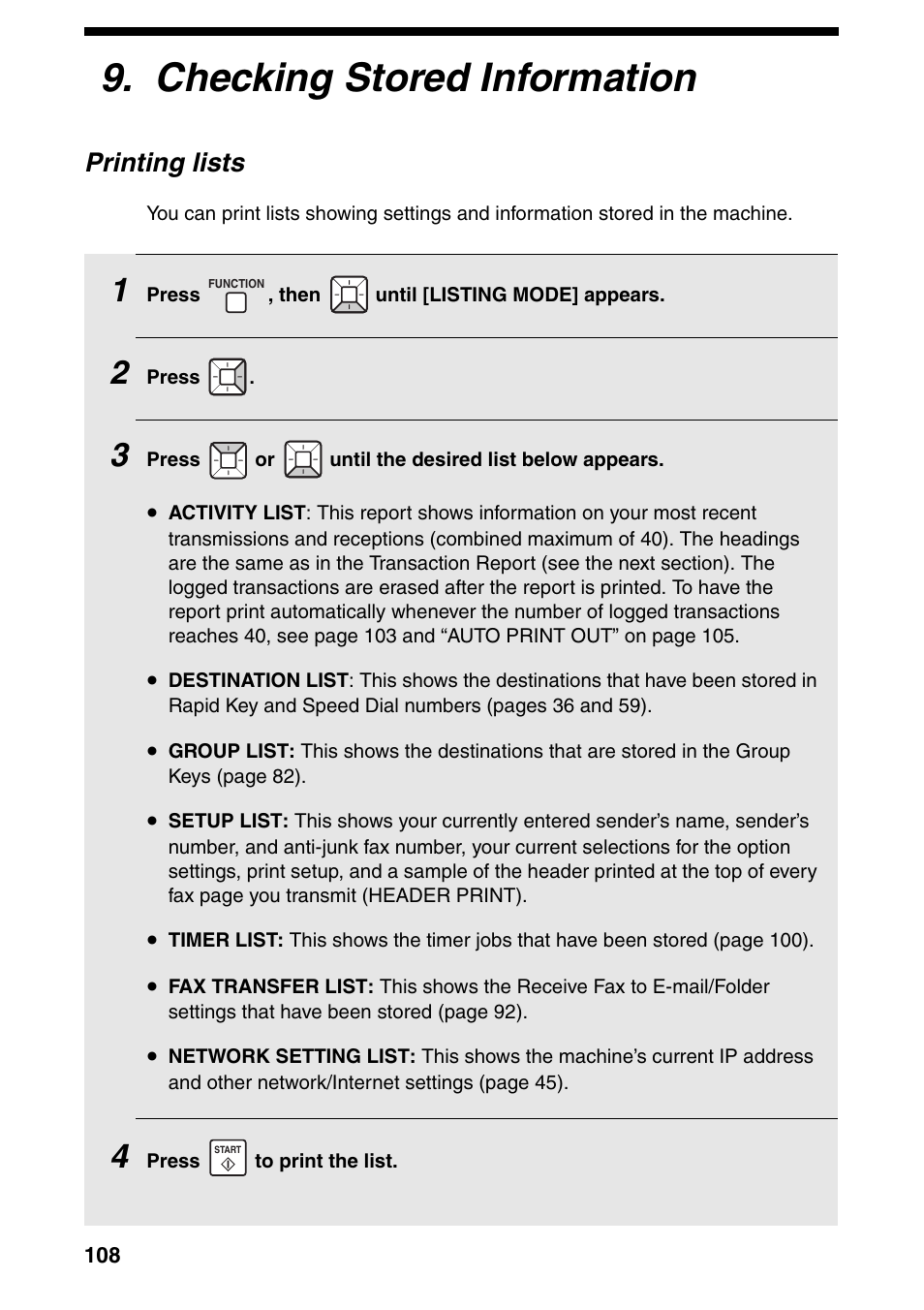 Checking stored information, Printing lists | Sharp FO-IS115N User Manual | Page 113 / 165