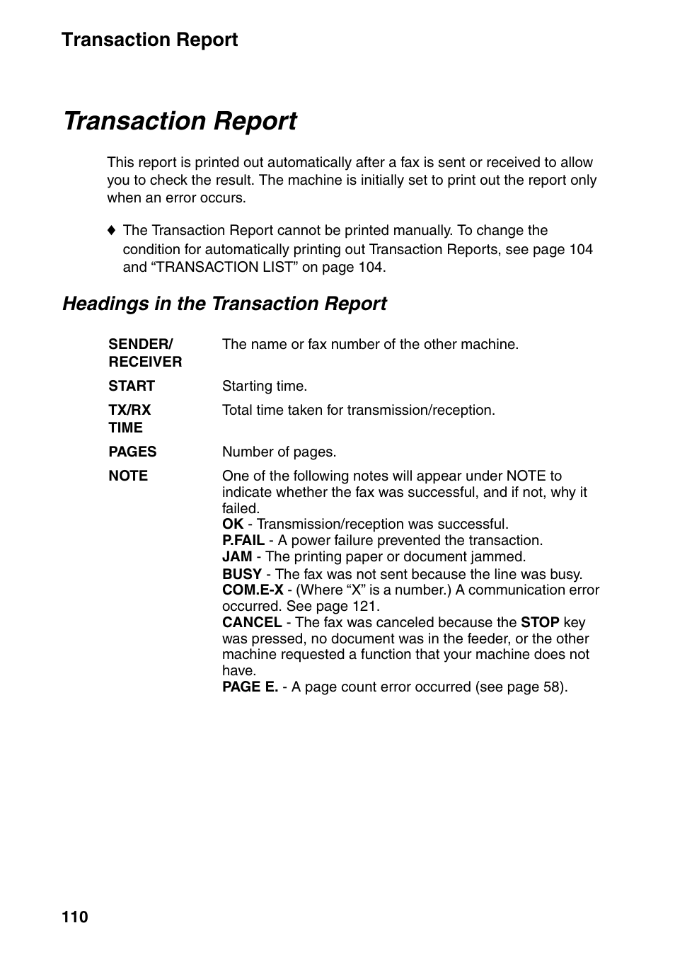 Transaction report, Headings in the transaction report | Sharp FO-IS115N User Manual | Page 115 / 165