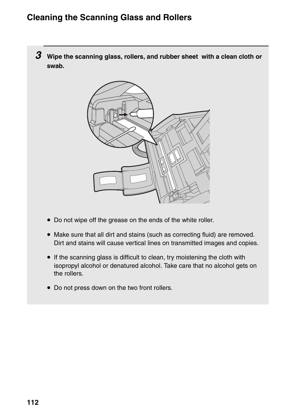 Cleaning the scanning glass and rollers | Sharp FO-IS115N User Manual | Page 117 / 165