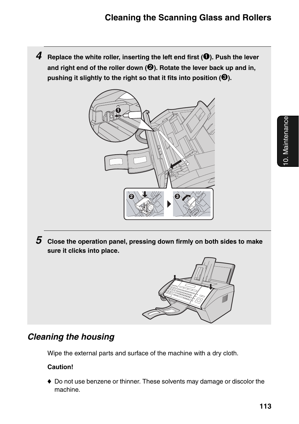 Cleaning the scanning glass and rollers, Cleaning the housing | Sharp FO-IS115N User Manual | Page 118 / 165