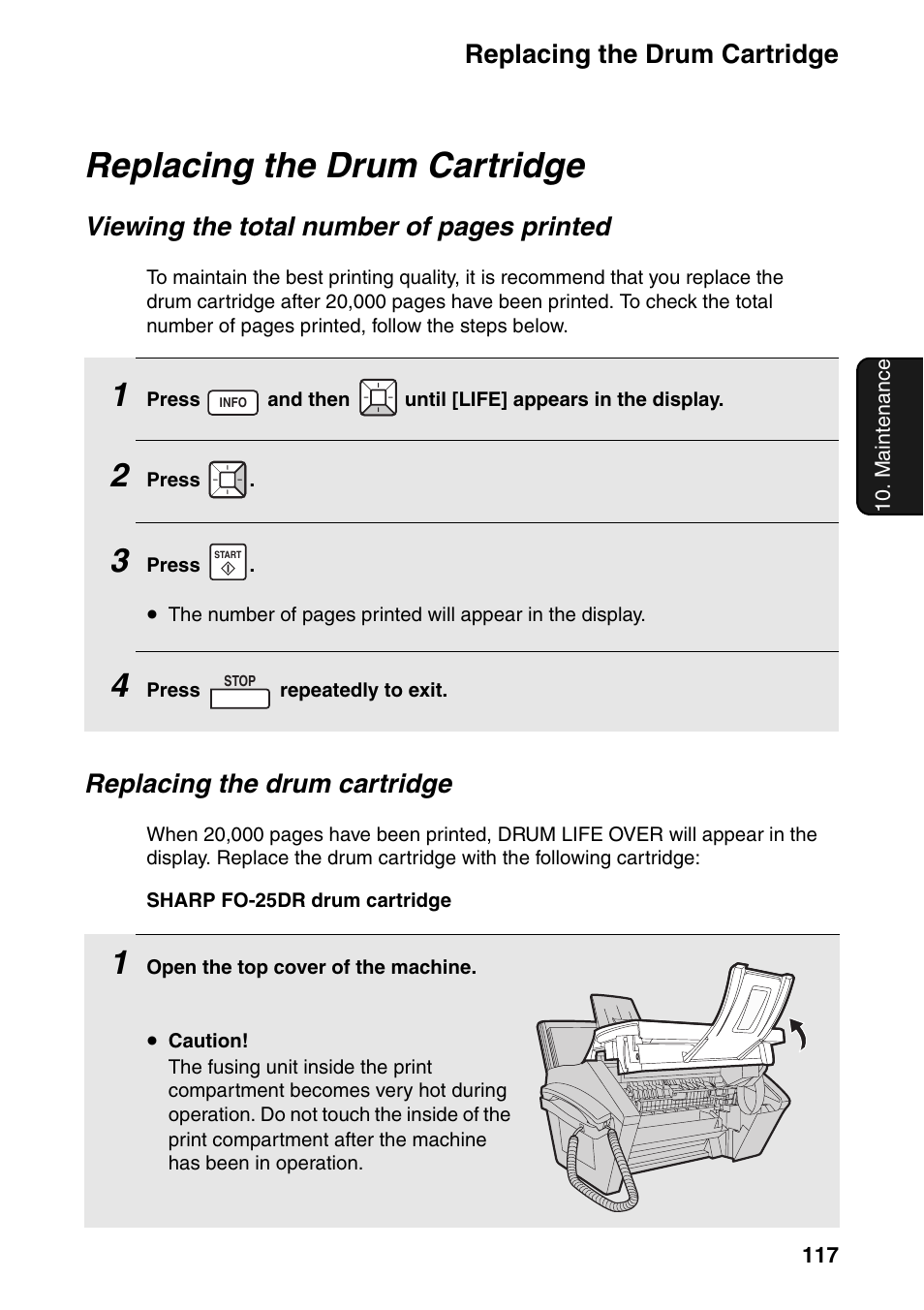 Replacing the drum cartridge, Viewing the total number of pages printed | Sharp FO-IS115N User Manual | Page 122 / 165