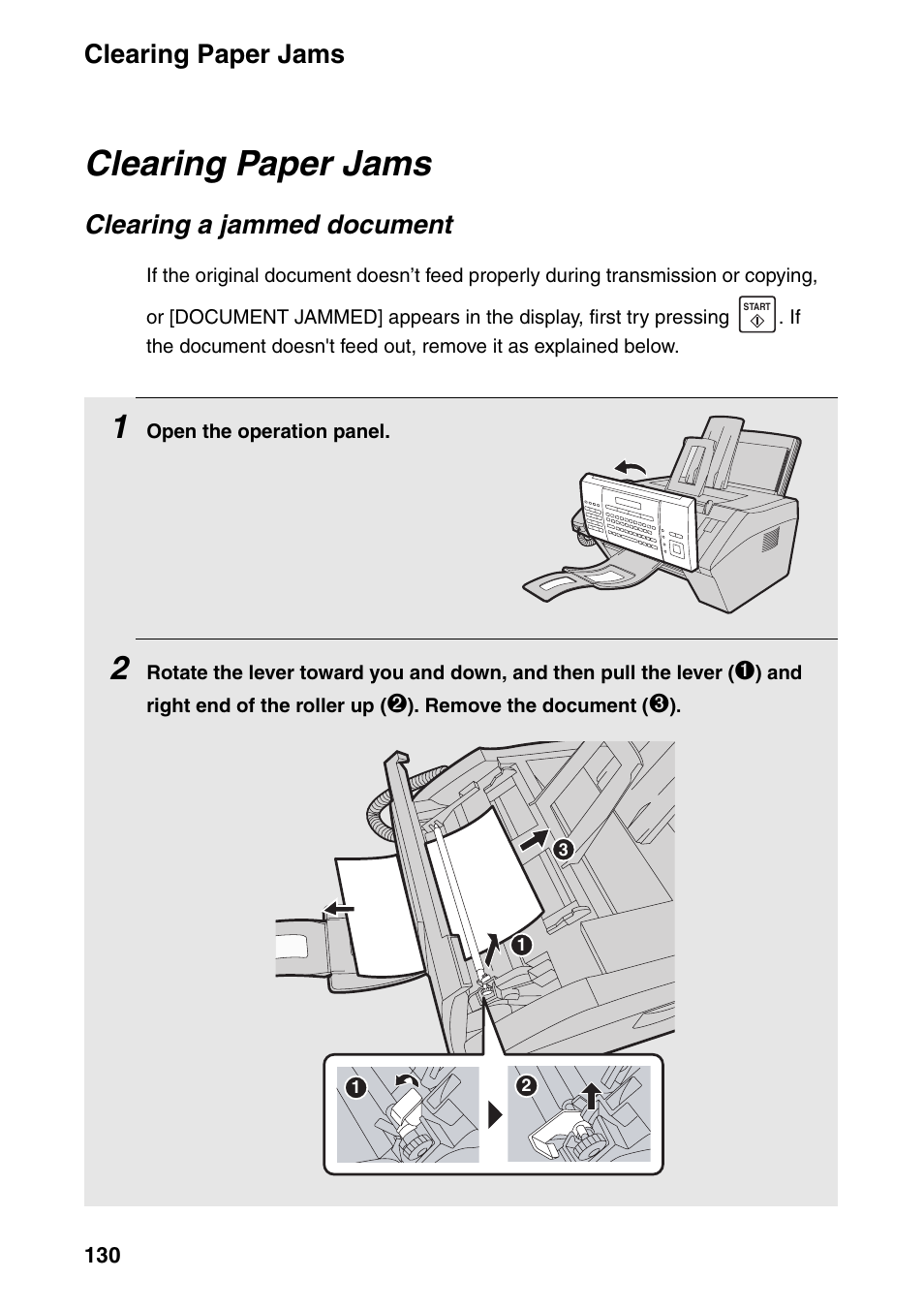 Clearing paper jams, Clearing a jammed document | Sharp FO-IS115N User Manual | Page 135 / 165