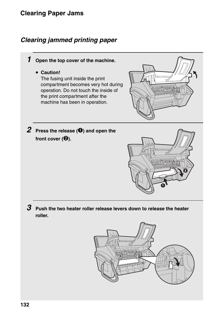 E 132, Clearing paper jams, Clearing jammed printing paper | Sharp FO-IS115N User Manual | Page 137 / 165