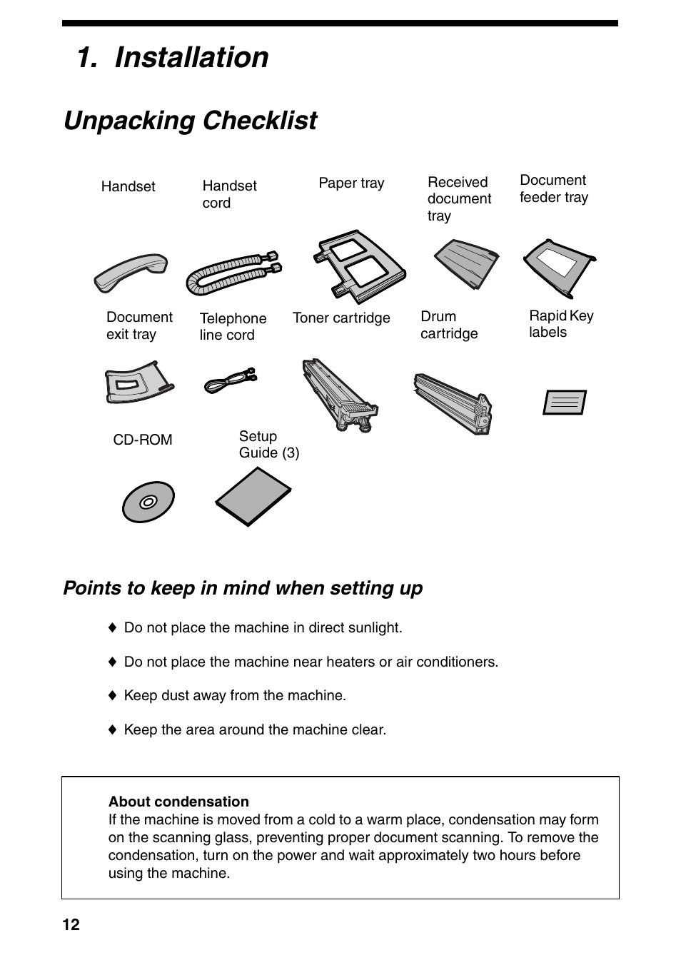 Installation, Unpacking checklist, Points to keep in mind when setting up | Sharp FO-IS115N User Manual | Page 17 / 165