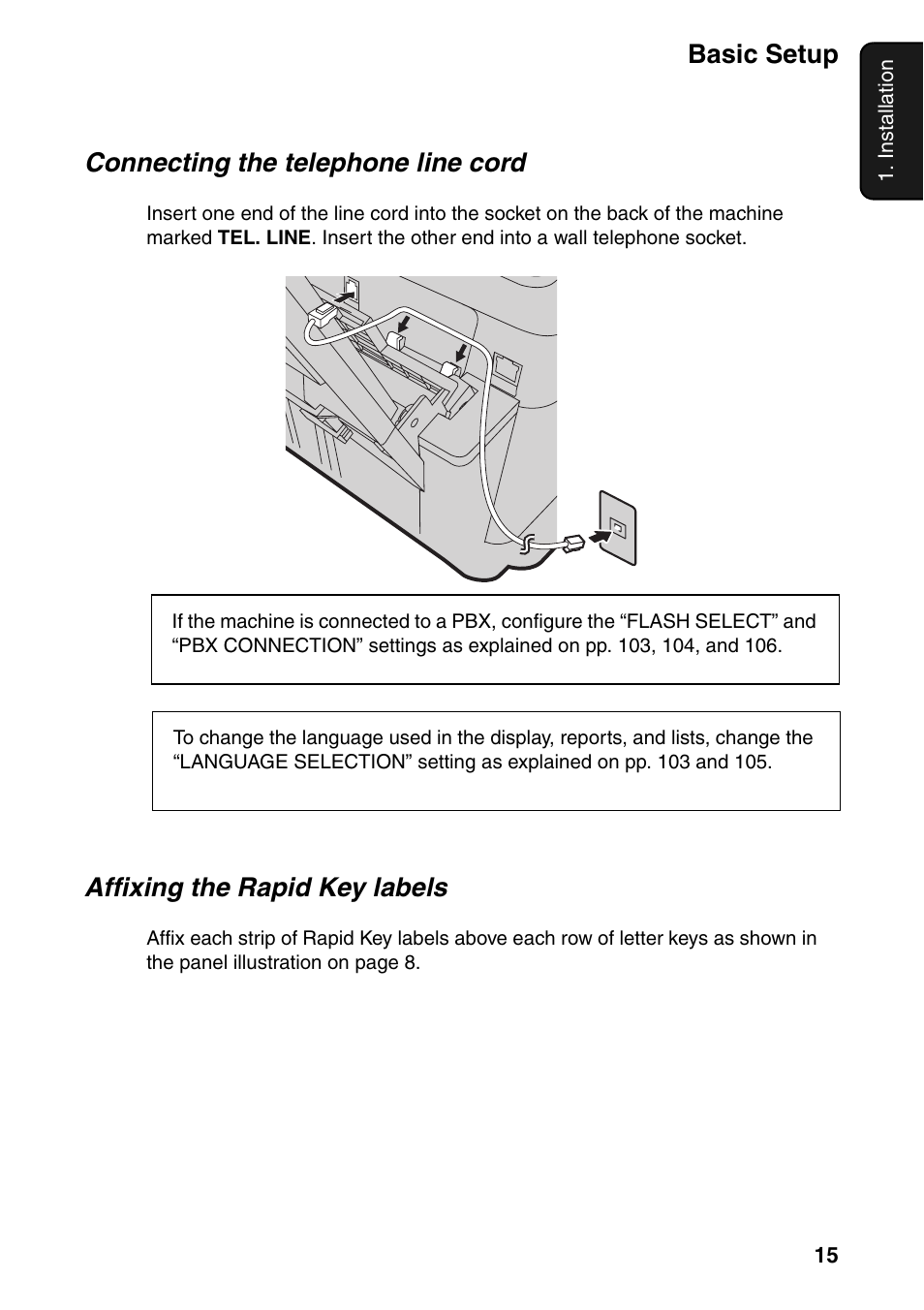 Basic setup, Connecting the telephone line cord, Affixing the rapid key labels | Sharp FO-IS115N User Manual | Page 20 / 165