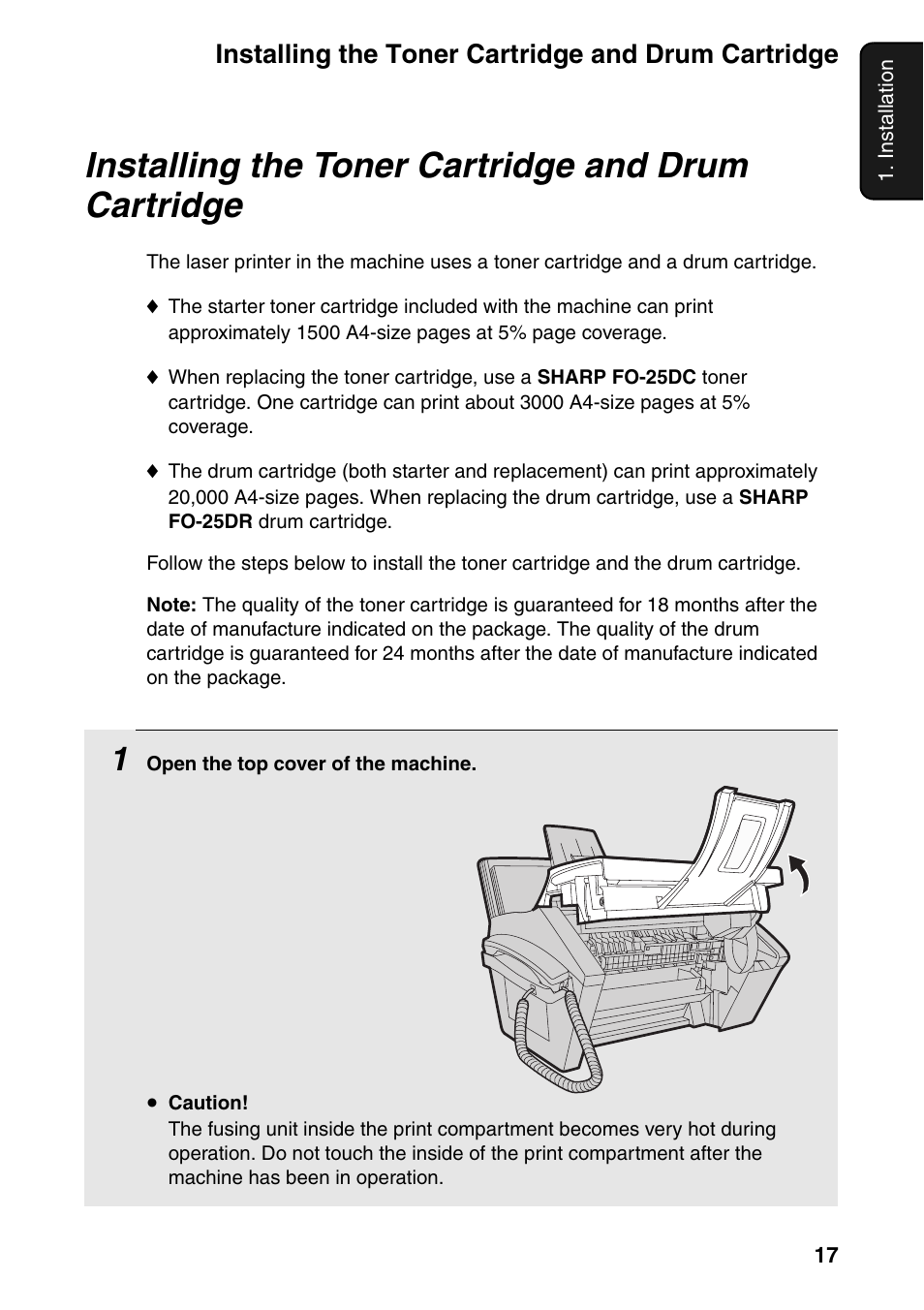 Installing the toner cartridge and drum cartridge | Sharp FO-IS115N User Manual | Page 22 / 165