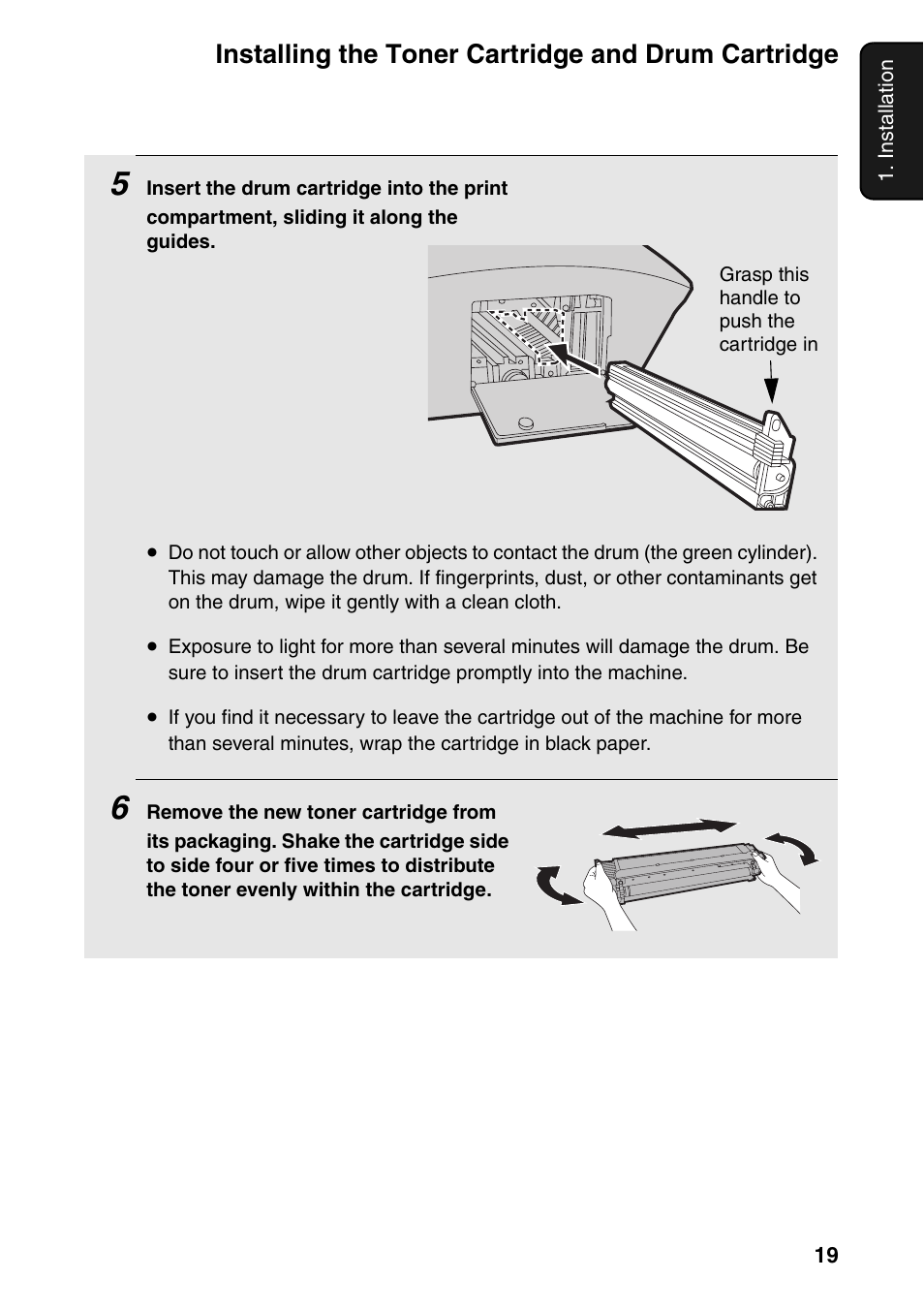 Installing the toner cartridge and drum cartridge | Sharp FO-IS115N User Manual | Page 24 / 165