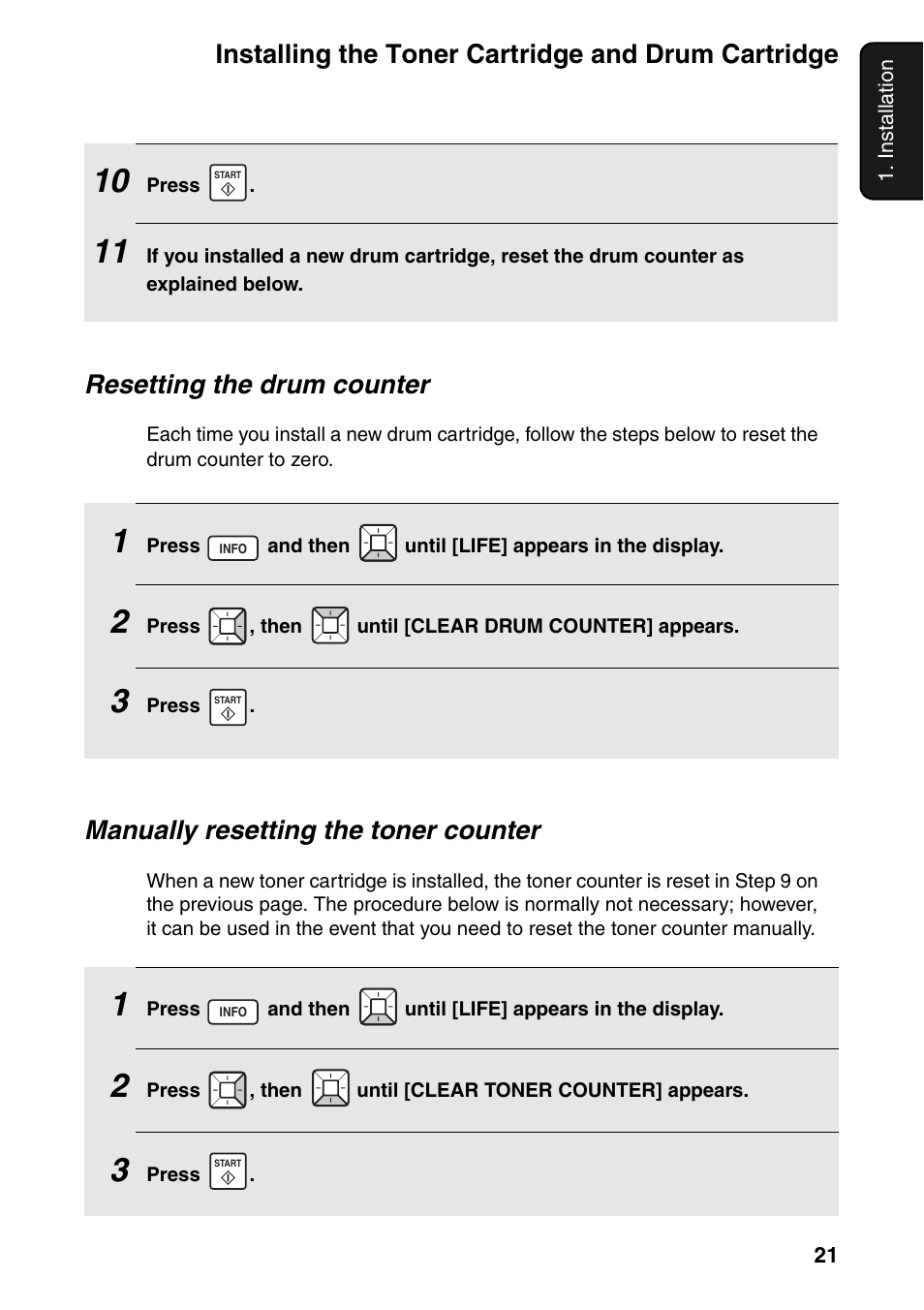 Installing the toner cartridge and drum cartridge, Resetting the drum counter, Manually resetting the toner counter | Sharp FO-IS115N User Manual | Page 26 / 165