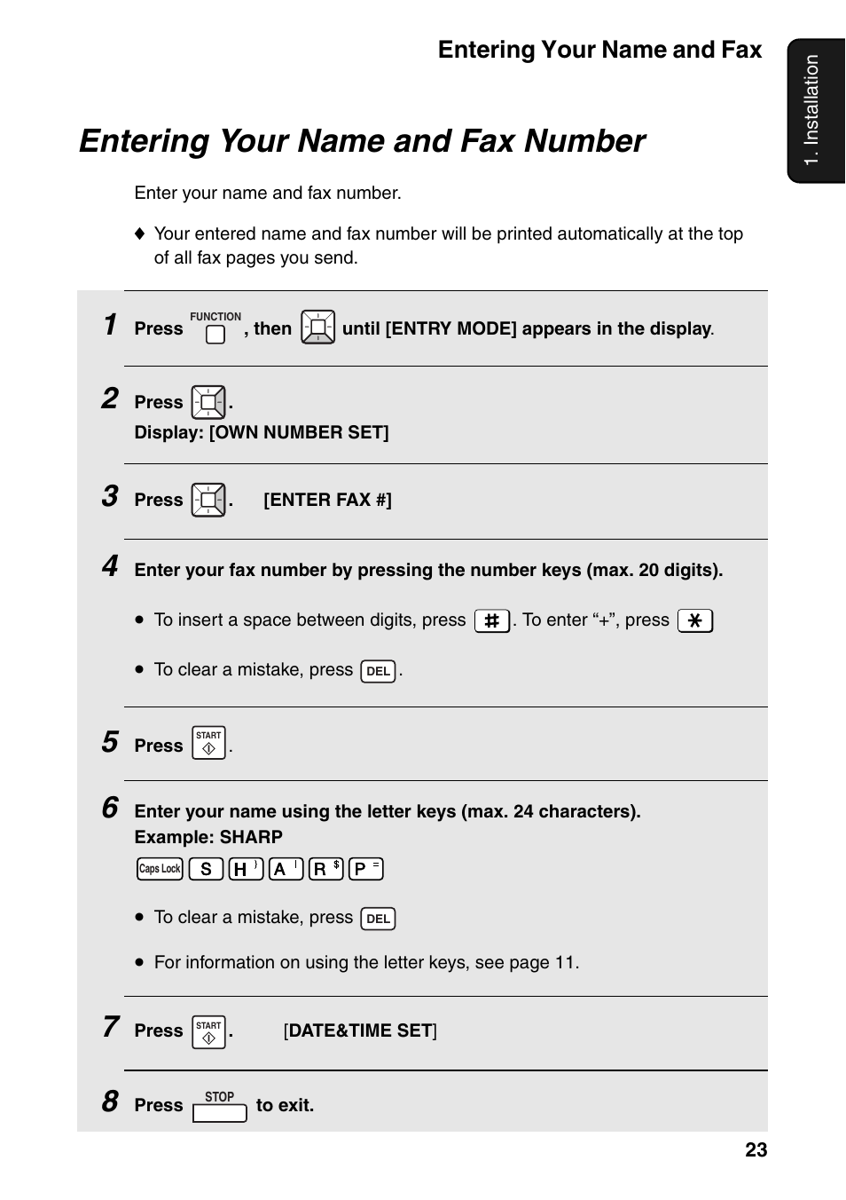 Entering your name and fax number, Entering your name and fax | Sharp FO-IS115N User Manual | Page 28 / 165