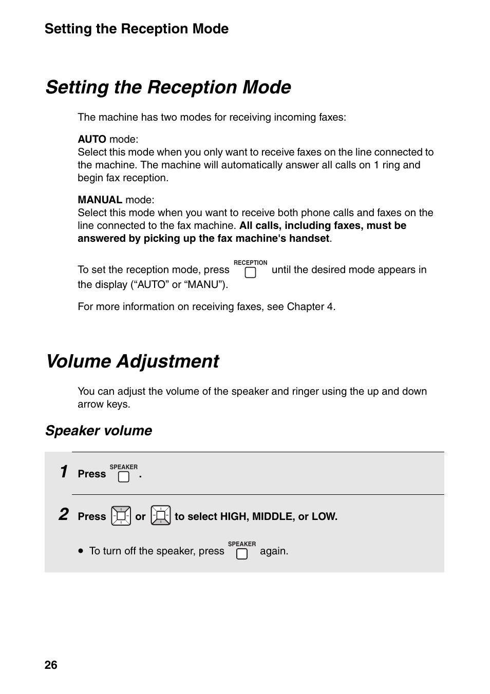 Setting the reception mode, Volume adjustment, Setting the reception mode volume adjustment | Speaker volume | Sharp FO-IS115N User Manual | Page 31 / 165