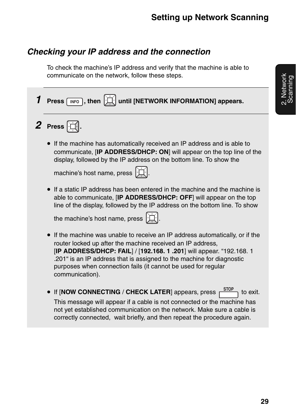 Setting up network scanning, Checking your ip address and the connection | Sharp FO-IS115N User Manual | Page 34 / 165