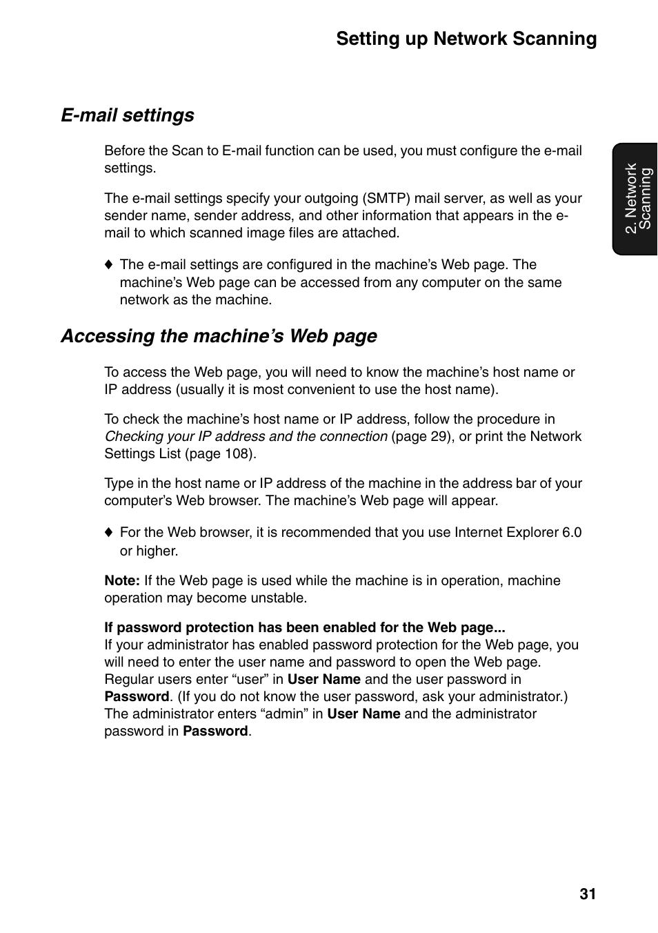 Setting up network scanning, E-mail settings, Accessing the machine’s web page | Sharp FO-IS115N User Manual | Page 36 / 165