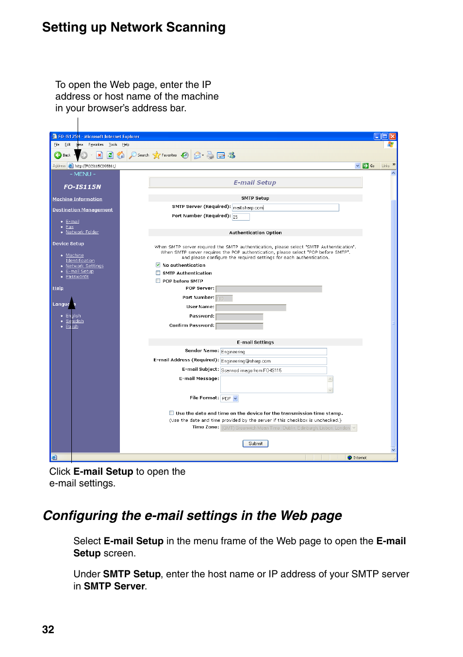 Setting up network scanning, Configuring the e-mail settings in the web page | Sharp FO-IS115N User Manual | Page 37 / 165