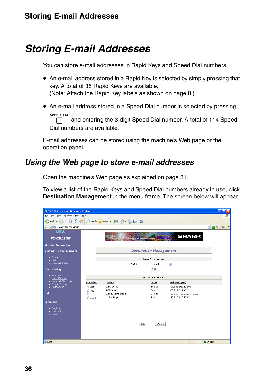 Storing e-mail addresses, Using the web page to store e-mail addresses | Sharp FO-IS115N User Manual | Page 41 / 165