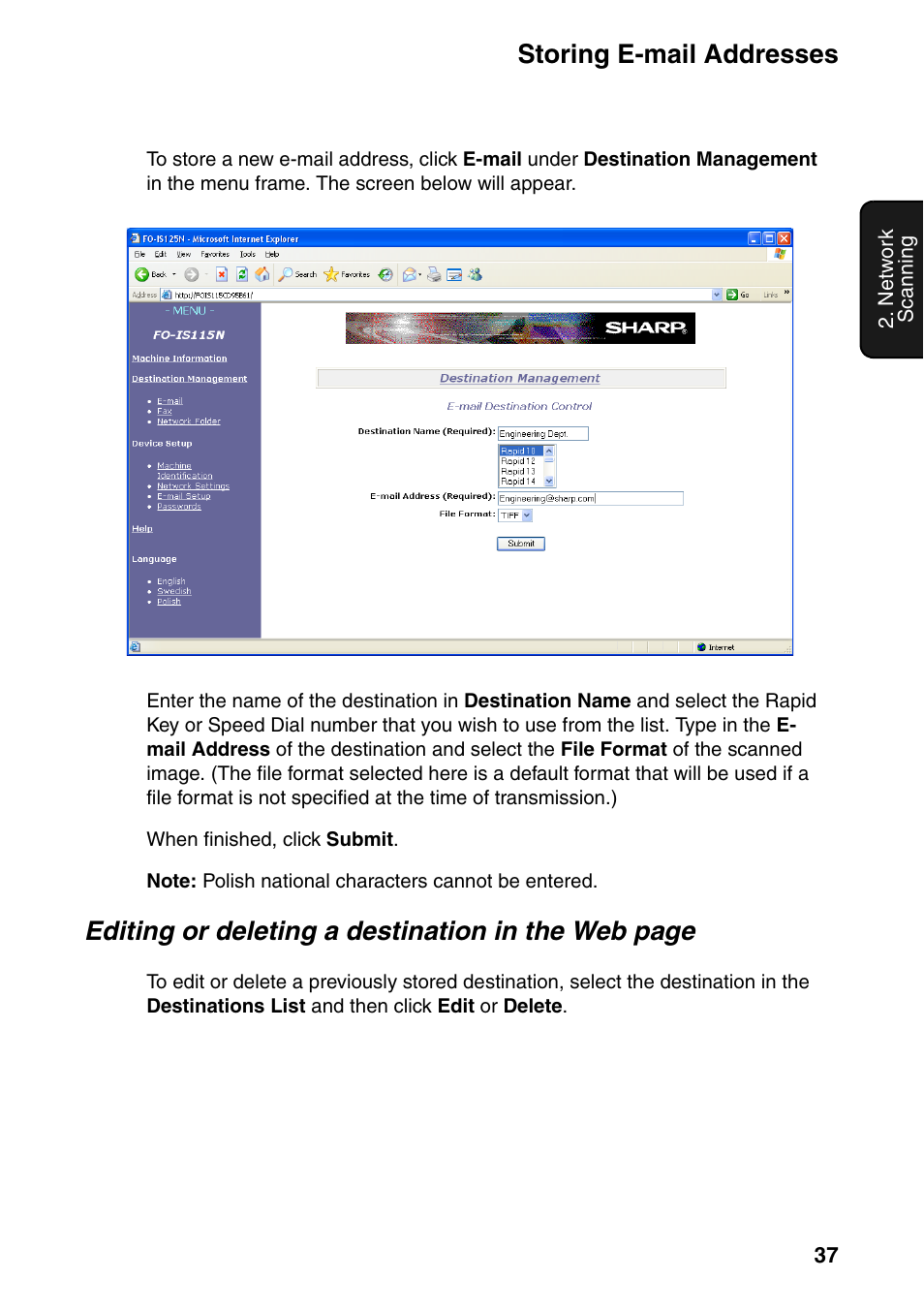 Storing e-mail addresses, Editing or deleting a destination in the web page | Sharp FO-IS115N User Manual | Page 42 / 165