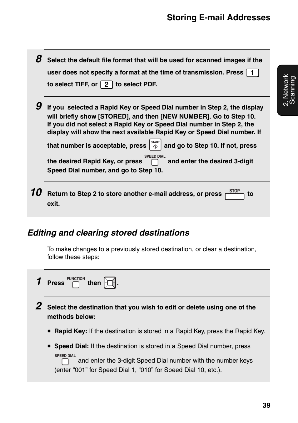 Storing e-mail addresses, Editing and clearing stored destinations | Sharp FO-IS115N User Manual | Page 44 / 165