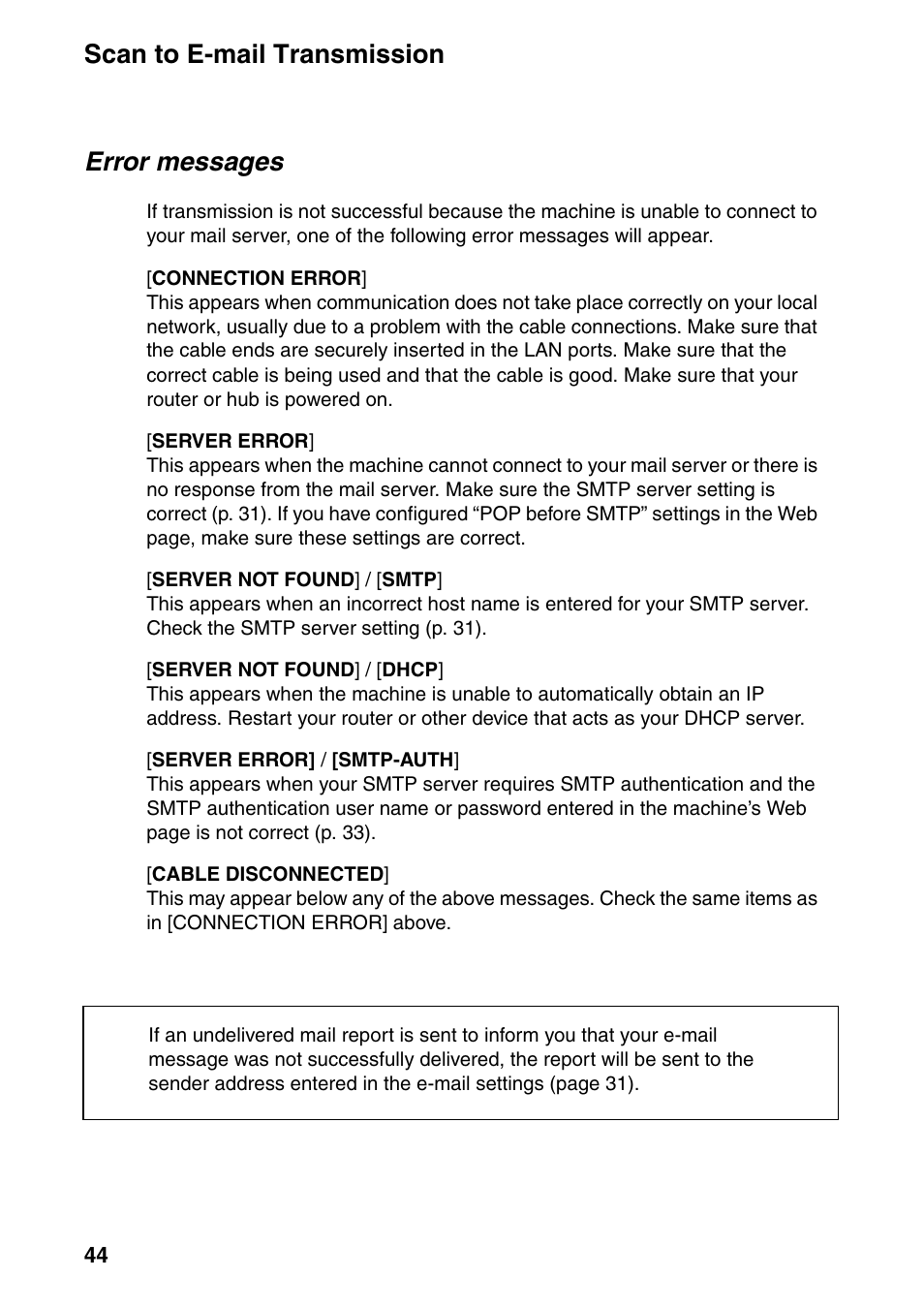 Scan to e-mail transmission, Error messages | Sharp FO-IS115N User Manual | Page 49 / 165