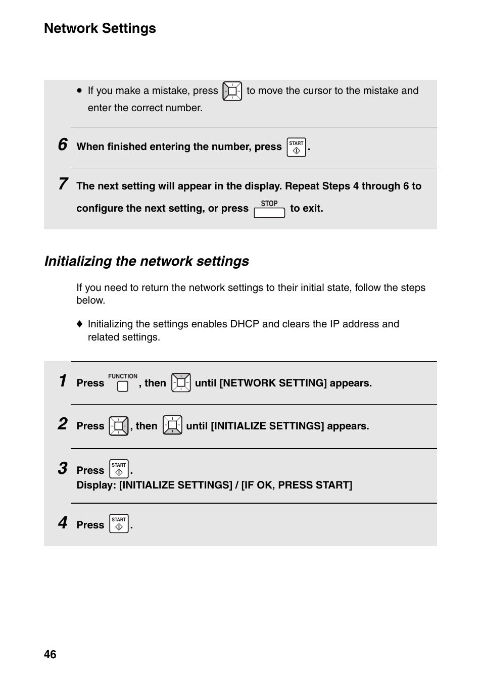 Network settings, Initializing the network settings | Sharp FO-IS115N User Manual | Page 51 / 165