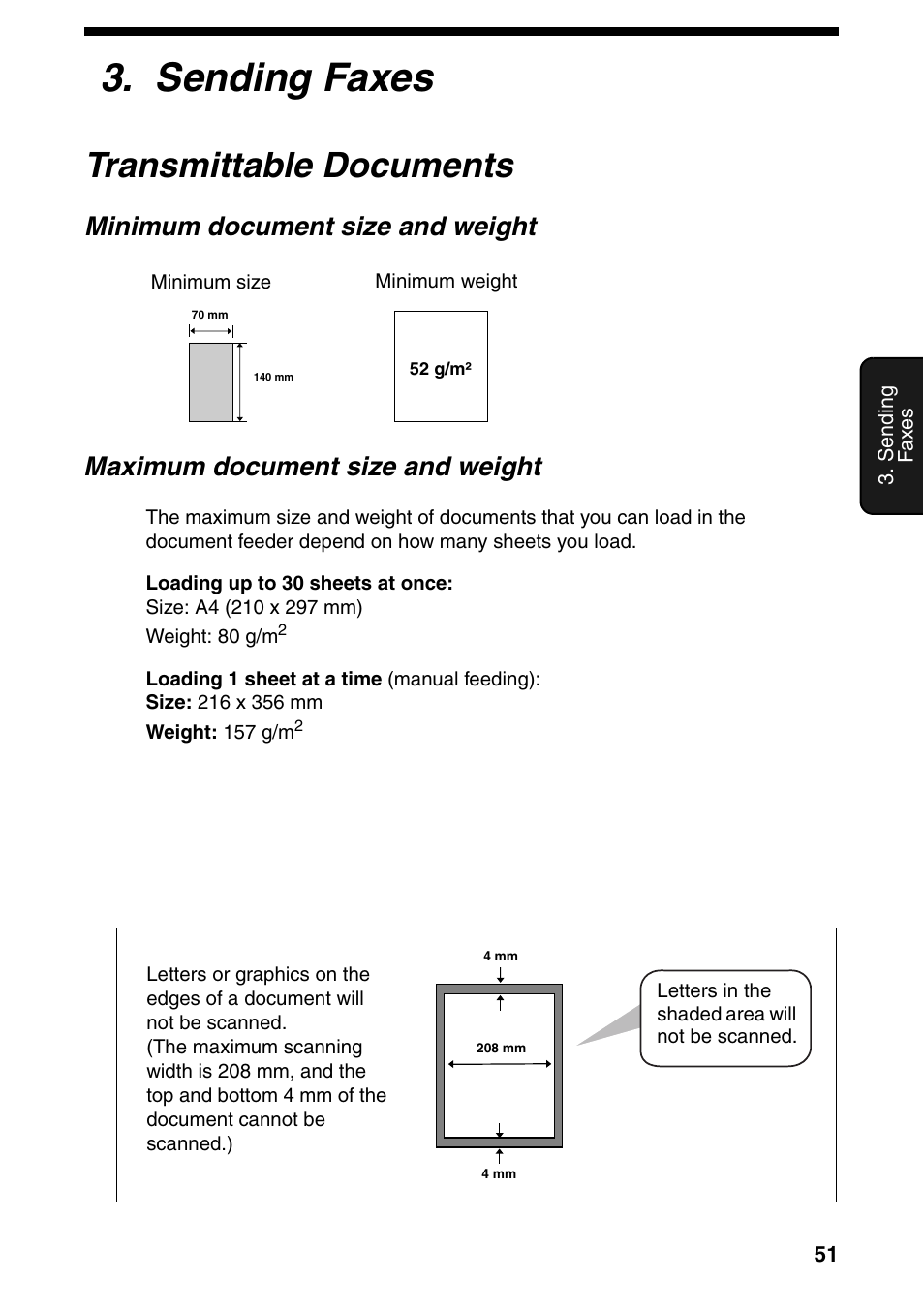 Sending faxes, Transmittable documents, Minimum document size and weight | Maximum document size and weight | Sharp FO-IS115N User Manual | Page 56 / 165