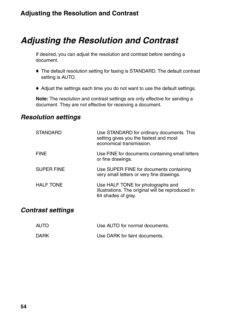 Adjusting the resolution and contrast, Resolution settings contrast settings | Sharp FO-IS115N User Manual | Page 59 / 165