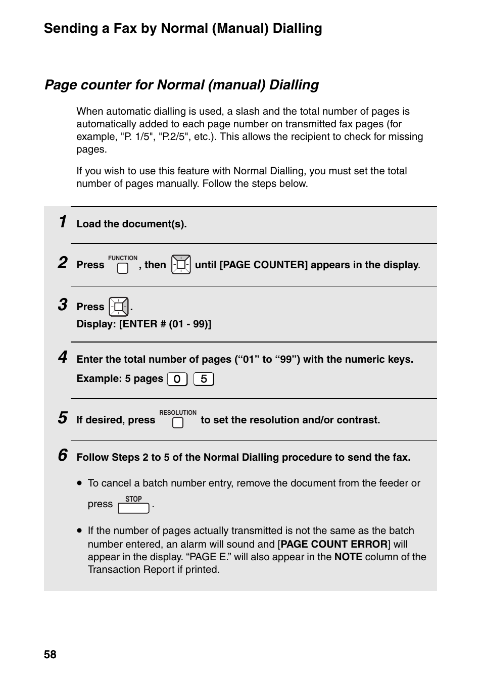 Sending a fax by normal (manual) dialling, Page counter for normal (manual) dialling | Sharp FO-IS115N User Manual | Page 63 / 165