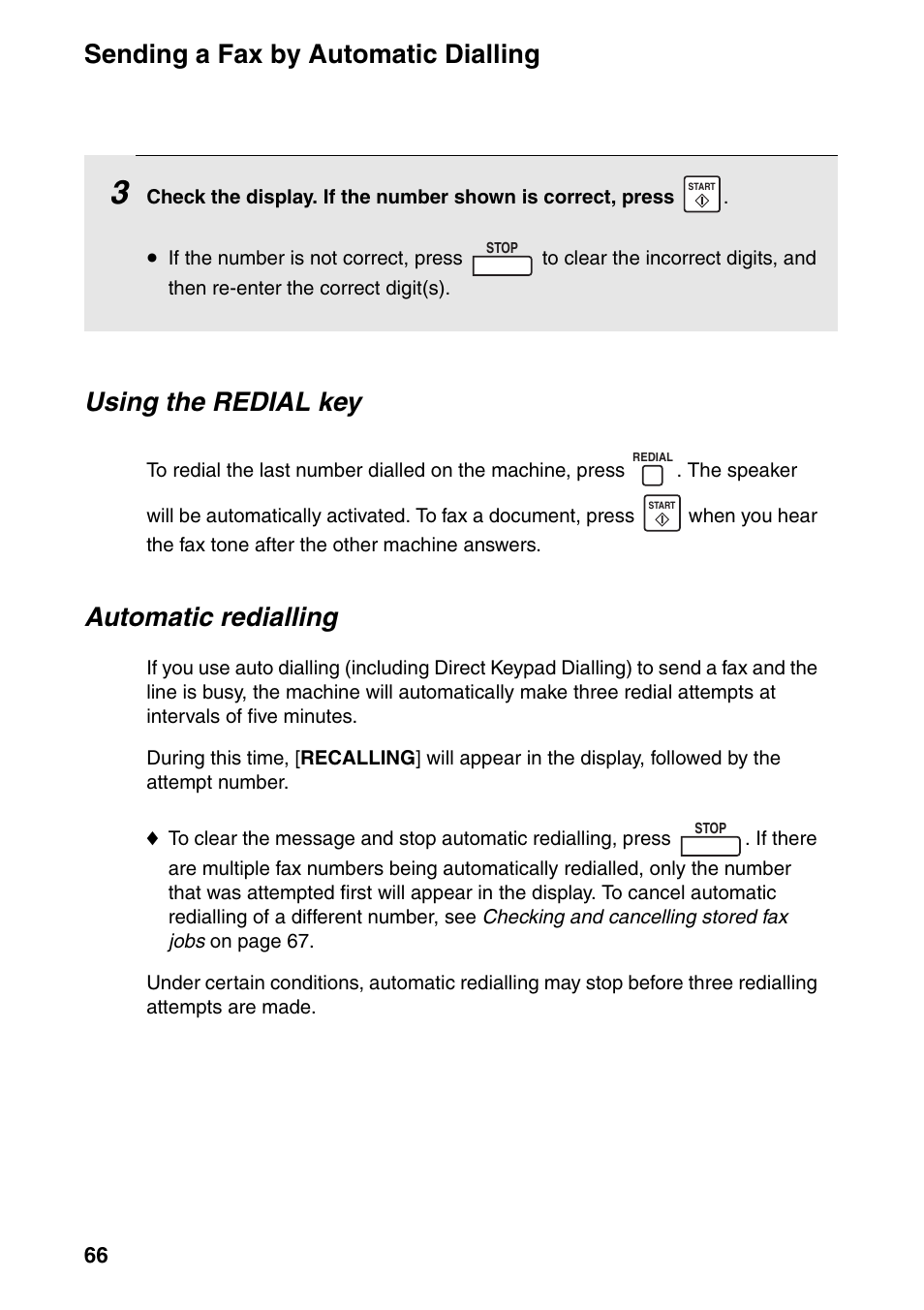 66). th, Sending a fax by automatic dialling, Automatic redialling | Using the redial key | Sharp FO-IS115N User Manual | Page 71 / 165