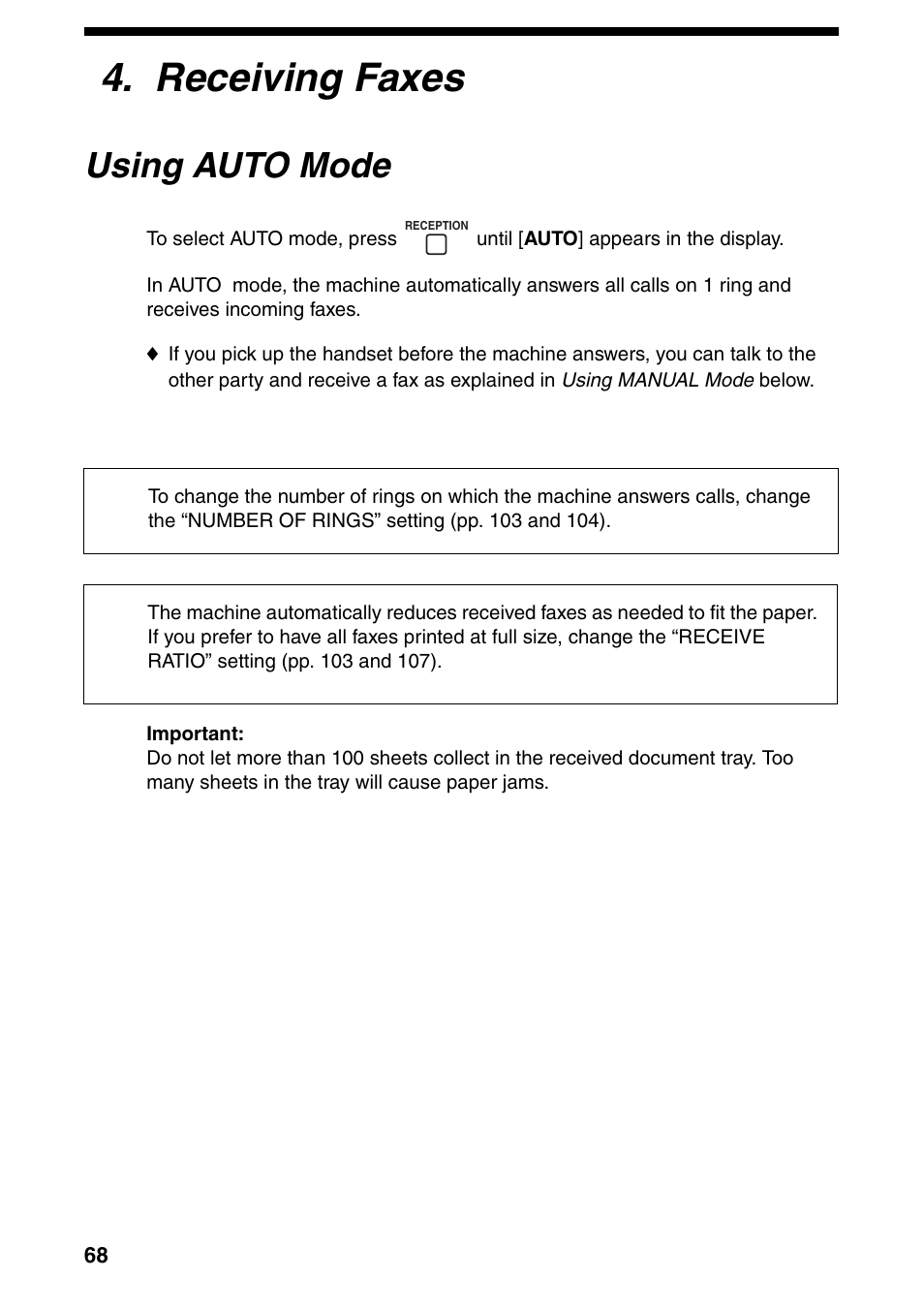 Receiving faxes, Using auto mode | Sharp FO-IS115N User Manual | Page 73 / 165