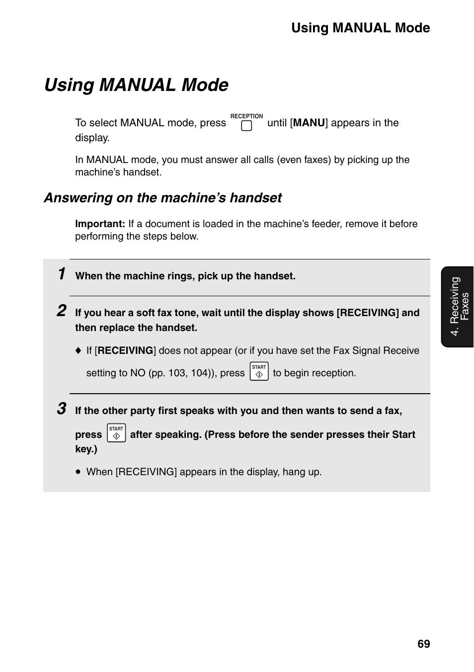 Using manual mode, Answering on the machine’s handset | Sharp FO-IS115N User Manual | Page 74 / 165