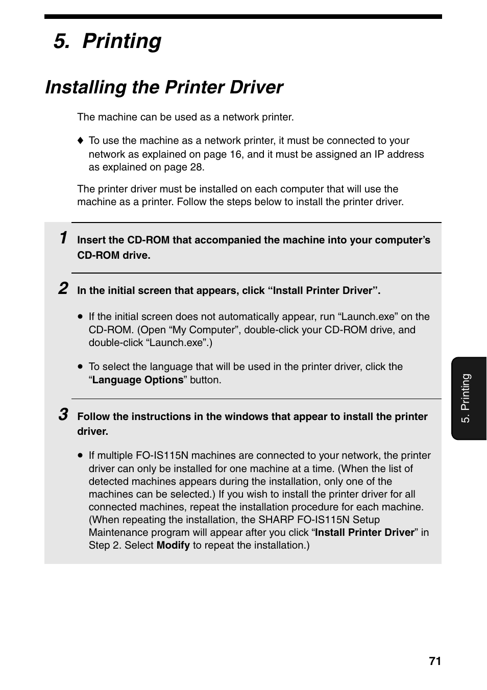 Printing, Installing the printer driver | Sharp FO-IS115N User Manual | Page 76 / 165