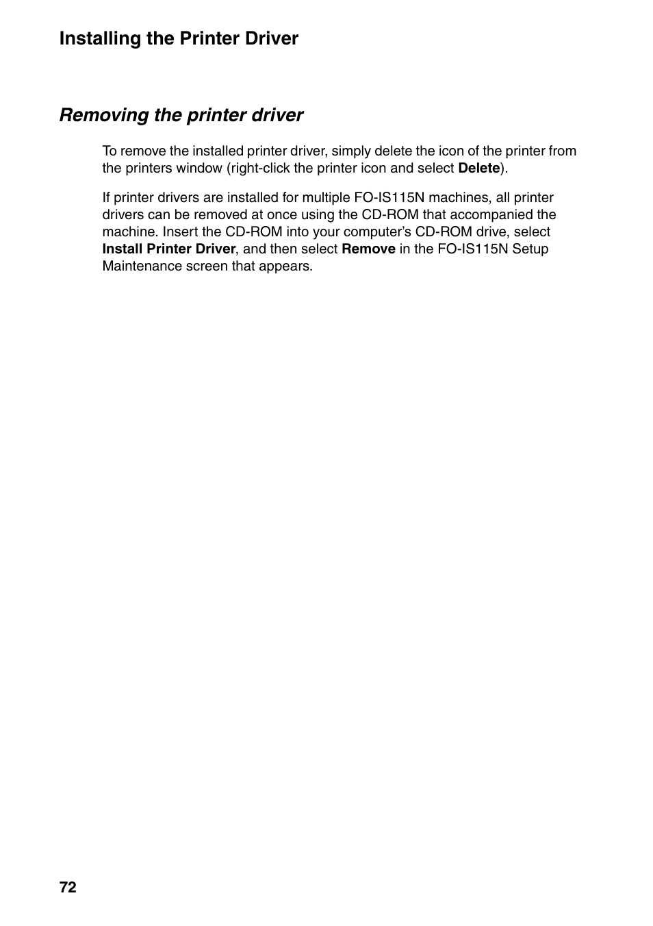 Installing the printer driver, Removing the printer driver | Sharp FO-IS115N User Manual | Page 77 / 165