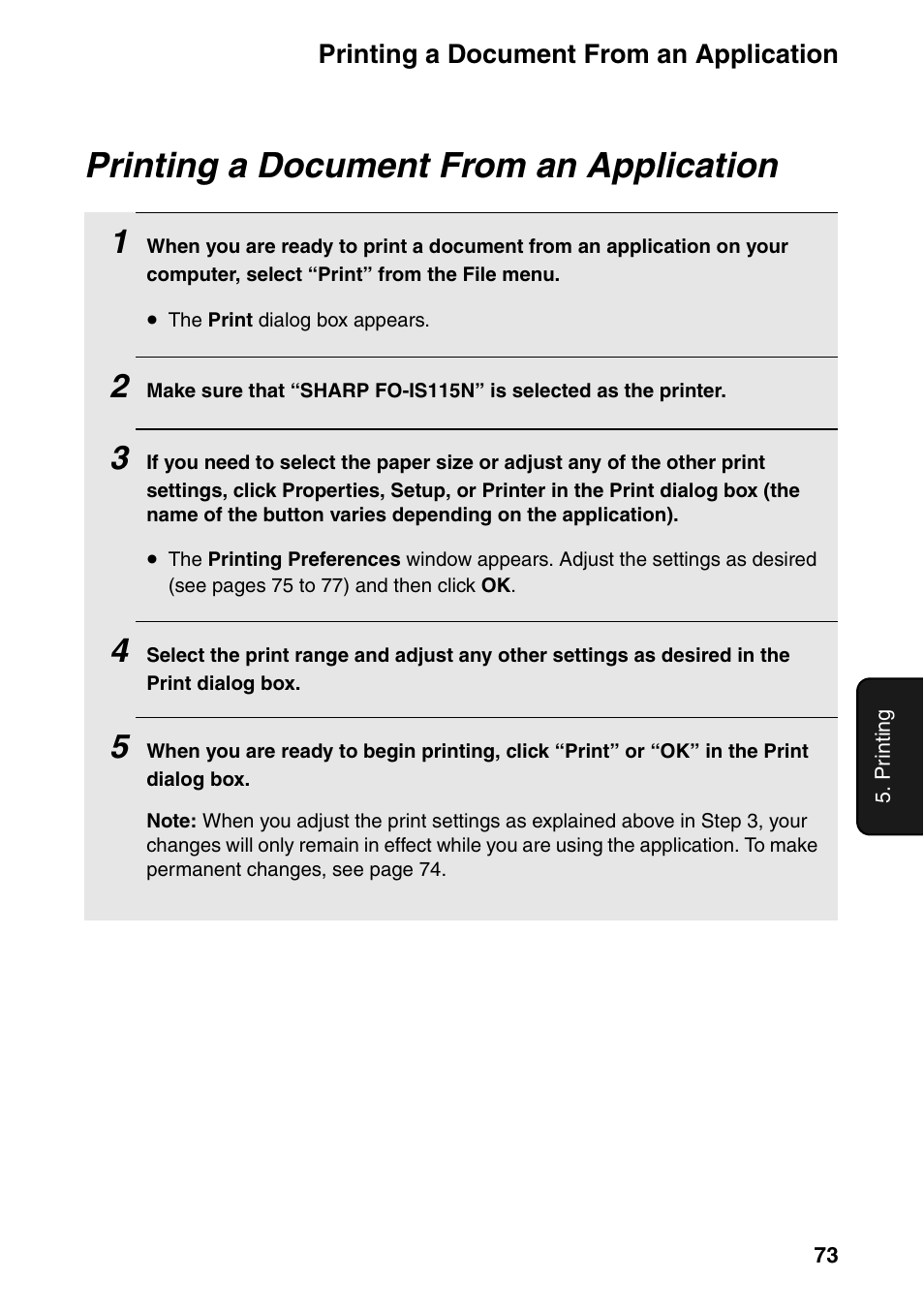 Printing a document from an application | Sharp FO-IS115N User Manual | Page 78 / 165